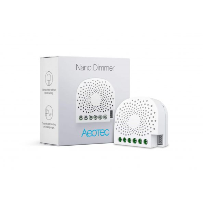 Aeotec Nano Dimmer Z-Wave in-wall dimmer module behind a wall switch