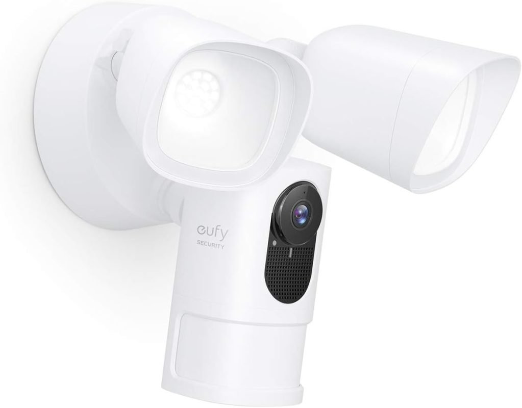 Floodlight camera mounted on an outside wall