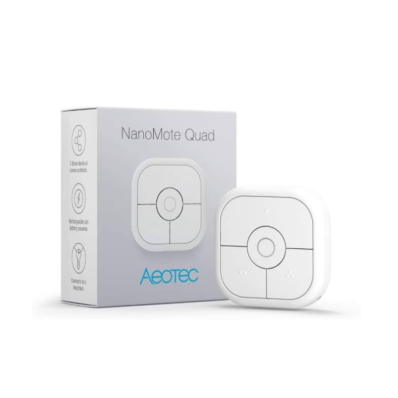 Aeotec NanoMote Quad four button Z-Wave remote on a keyring