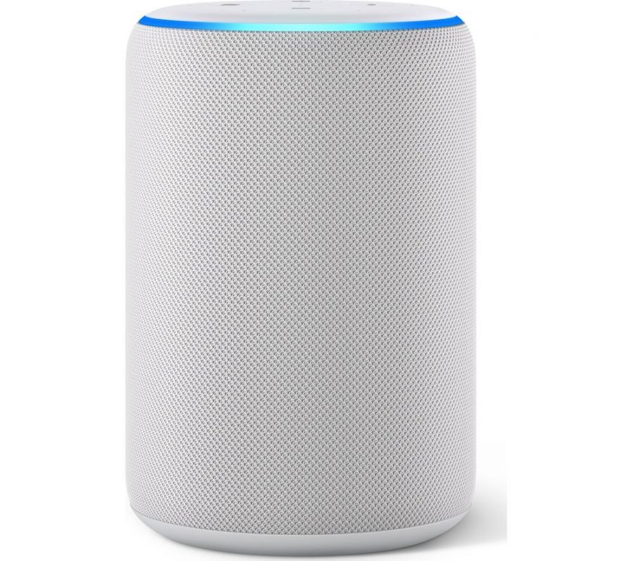 Amazon Echo 3rd Gen in white sandstone, cylinder smart speaker