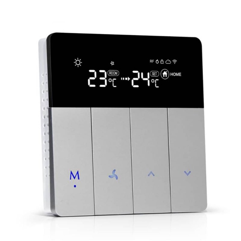 Fan coil thermostat with black LCD and touch buttons