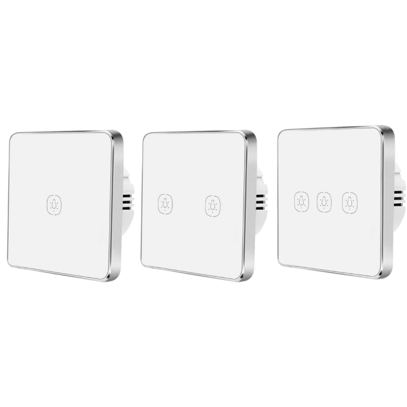 Zigbee touch switch with a silver frame on white glass