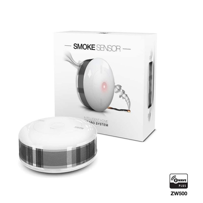 Fibaro Smoke Sensor Z-Wave smoke and heat detector on a ceiling