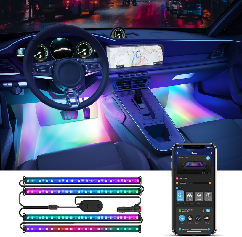 Govee RGBIC car lights in a footwell
