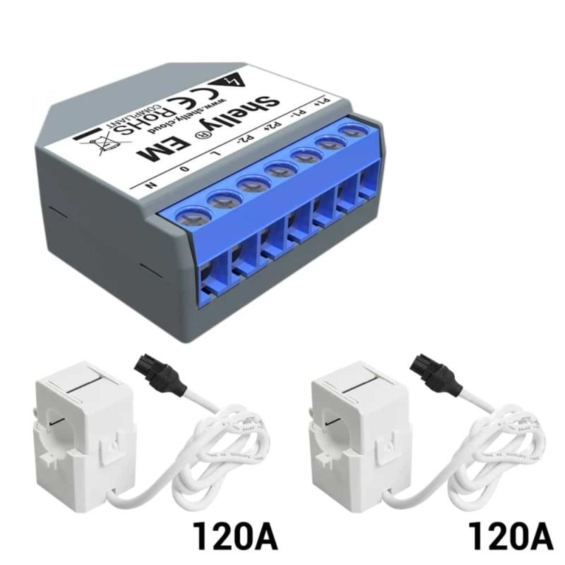 Shelly EM energy meter with two 120A clamps