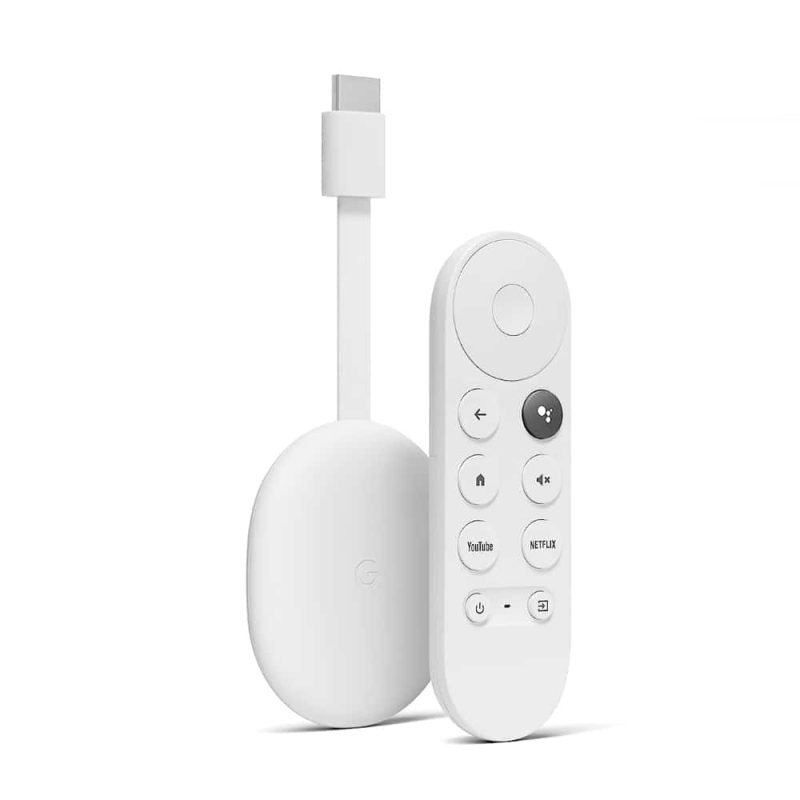 Chromecast with Google TV dongle and voice remote in Snow
