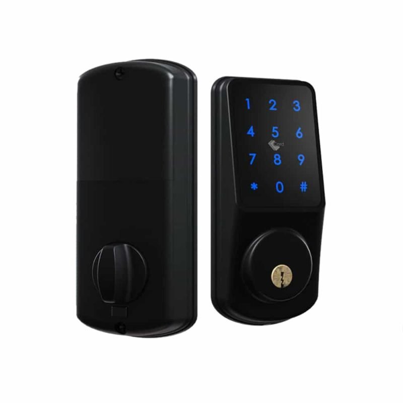 Smart deadbolt A220 keypad on a black front door