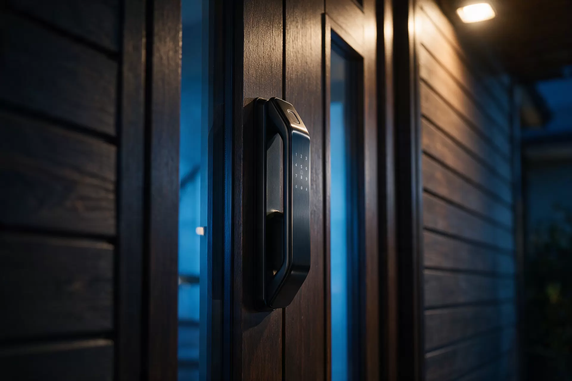 Close view of a smart lock keypad on a dark timber front door