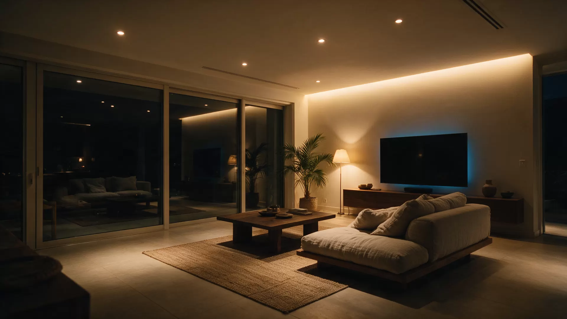 Living room at night lit only by warm smart lighting