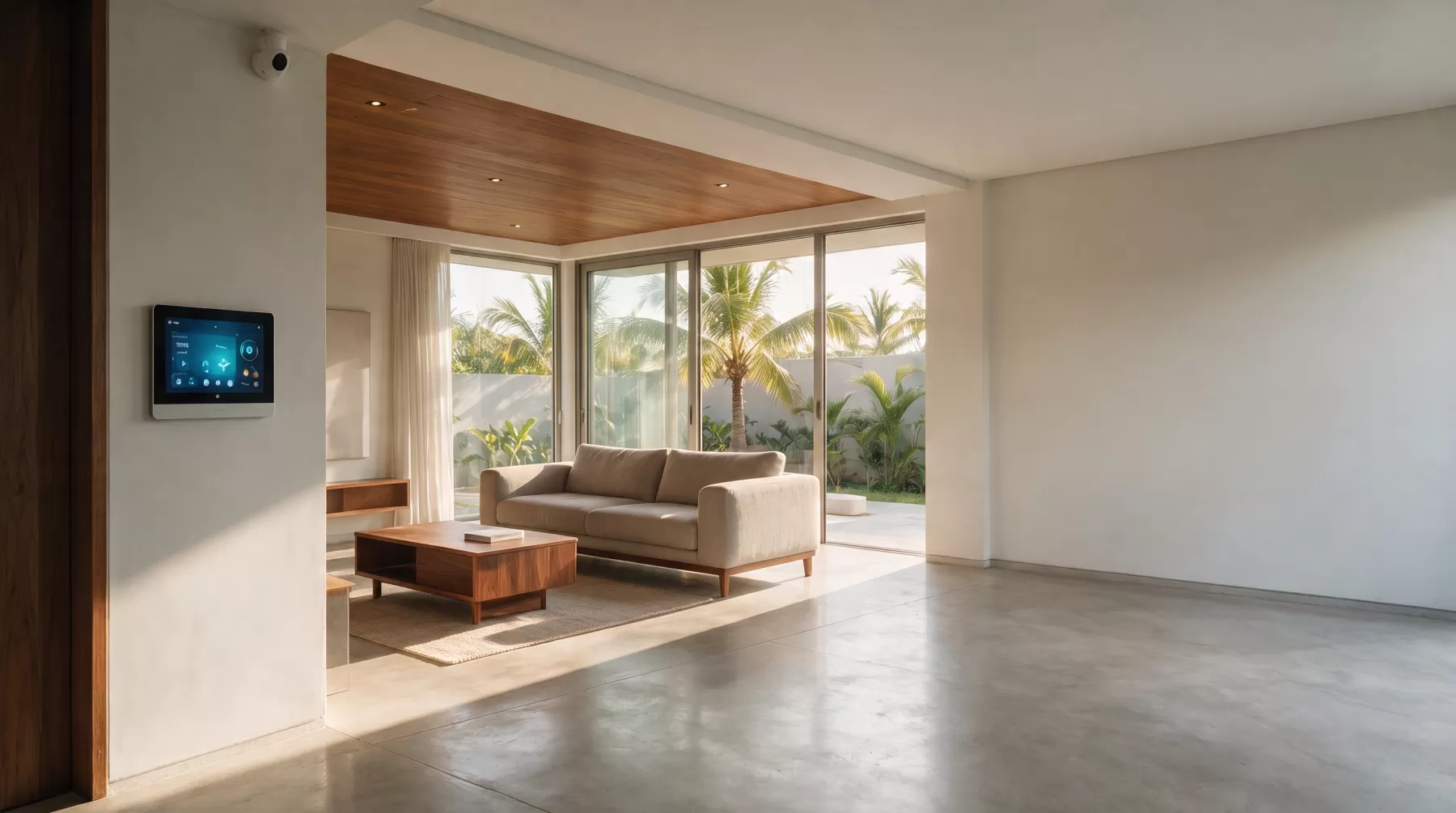 A modern living room in Dar es Salaam with a wall-mounted smart control panel
