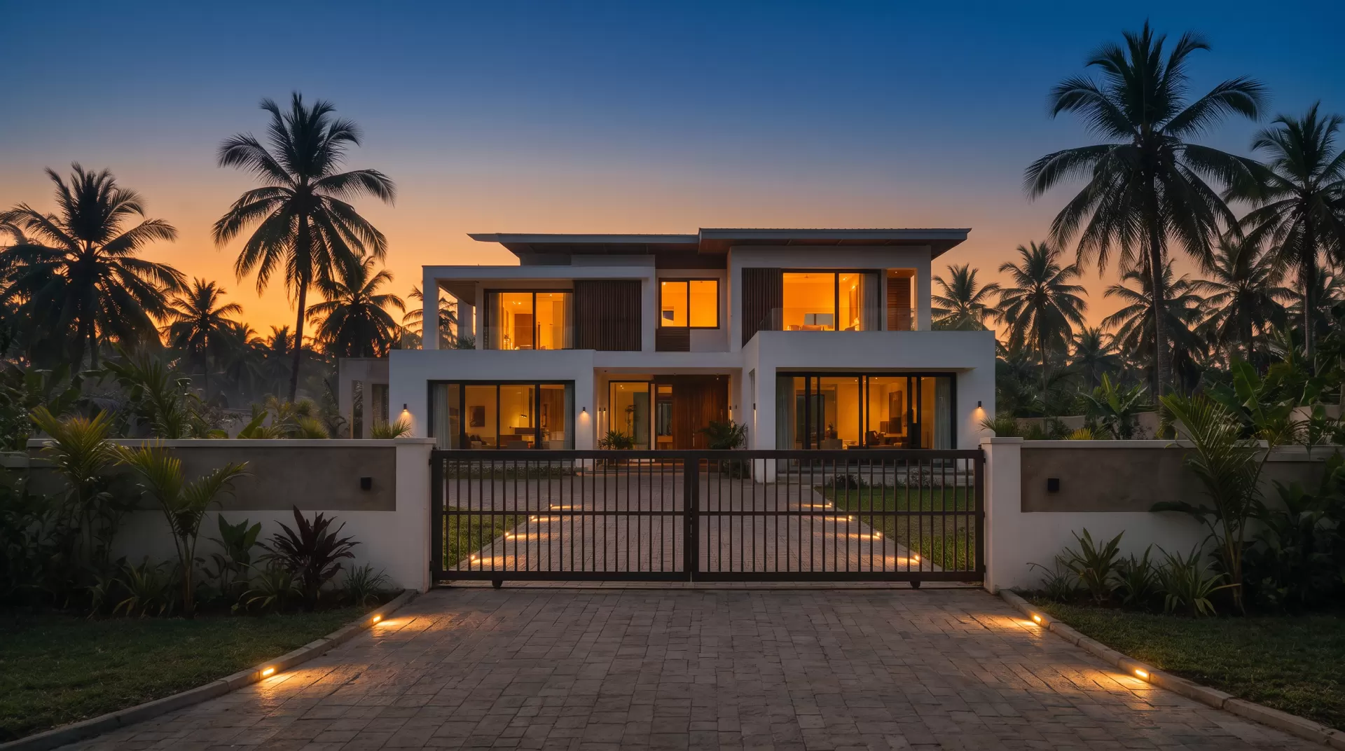 The same villa at dusk with the first windows lit