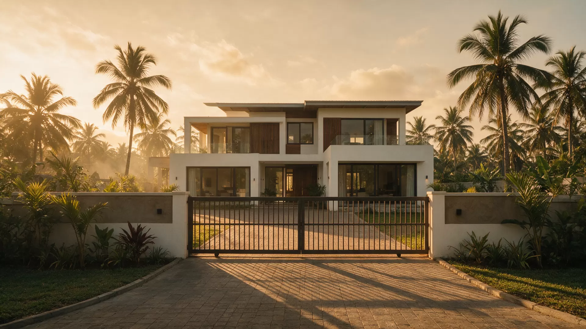 A coastal villa in Dar es Salaam at golden hour, gate closed