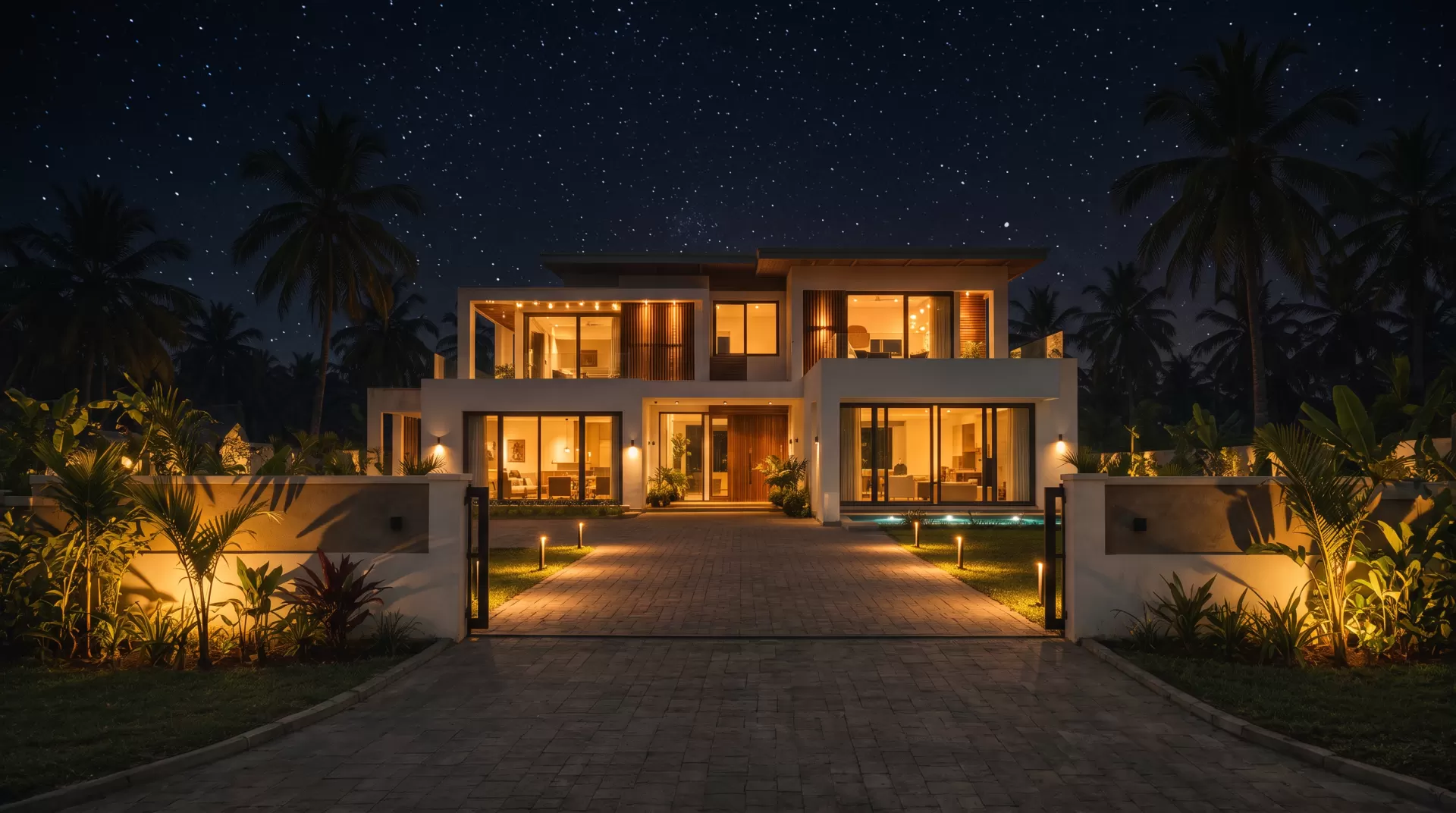 The same villa at night, every window glowing and the pool lit