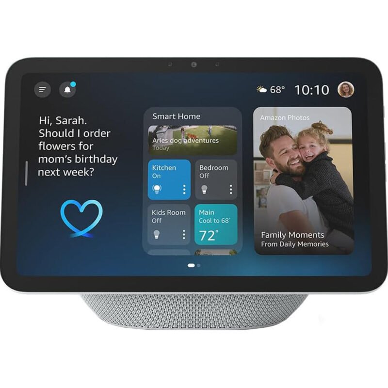 Amazon Echo Show 11 in Glacier White seen from the front, 11 inch Full HD touchscreen showing the Alexa home screen